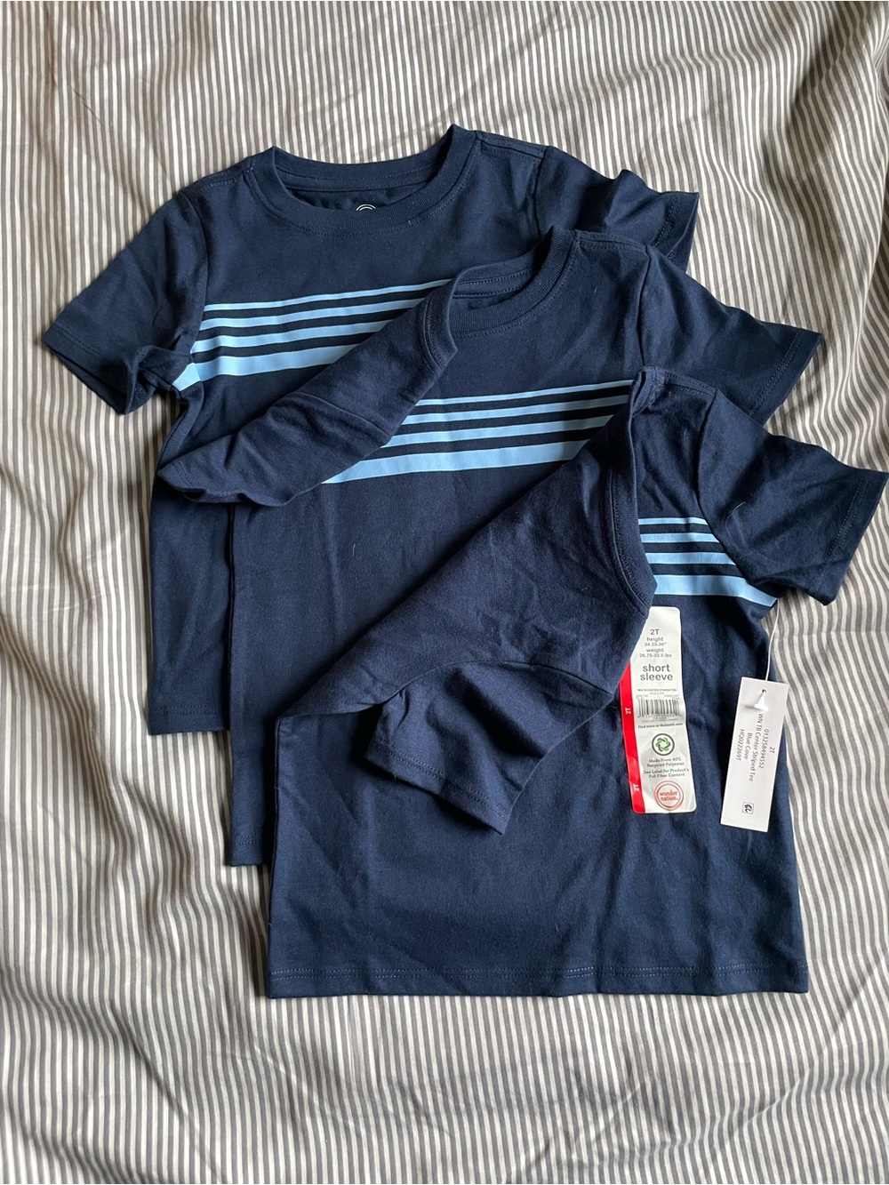 NWT Boys Navy Short Sleeve Tee with Light Blue Stripes - 3 Pack - Picture 2 of 2